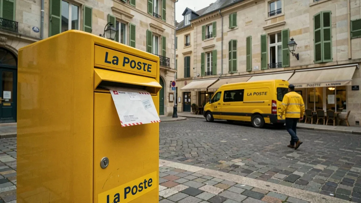 Une boîte aux lettres jaune de La Poste dans une rue de village