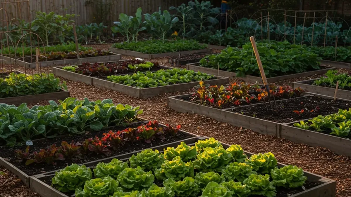 Carrés de potager en automne avec planches préparées et jeunes cultures