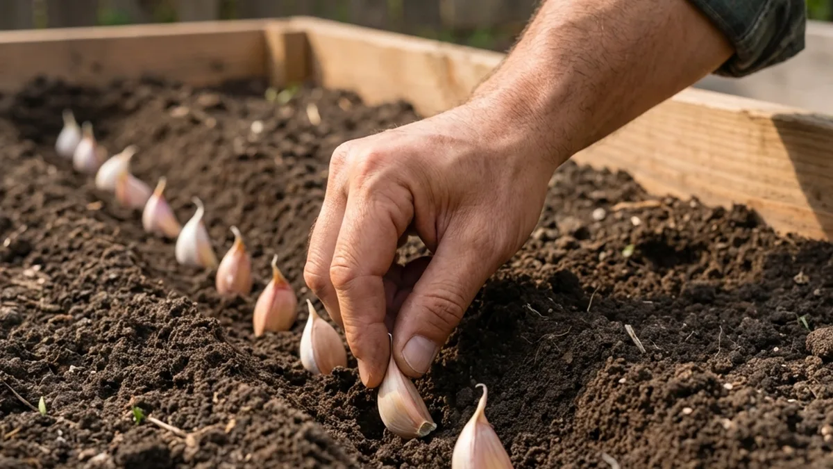 Main plantant des gousses d&rsquo;ail en rangées dans la terre du potager