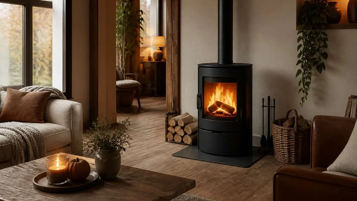 Un poêle à bois allumé dans un salon aux tons d&rsquo;automne