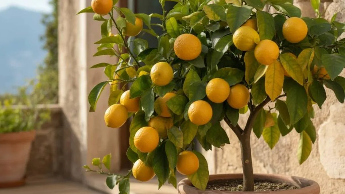Citronnier en pot chargé de fruits, sur une terrasse ensoleillée