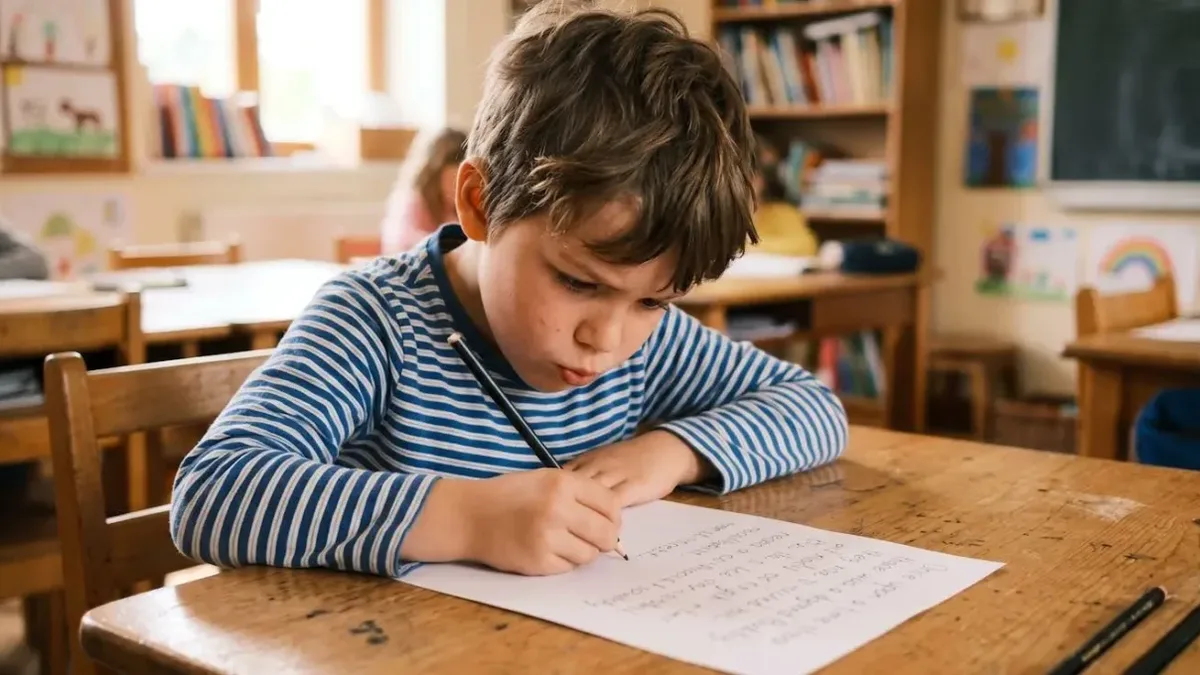 Un enfant concentré sur son écriture en classe