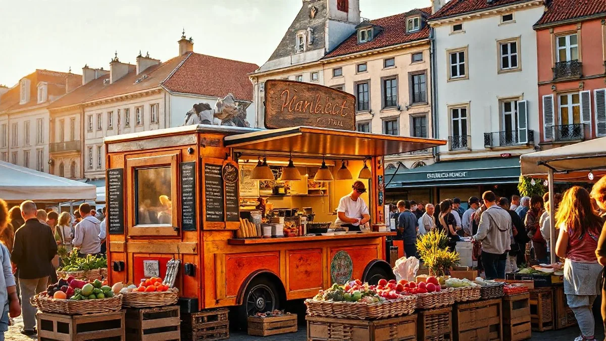 Food truck sur une place de marché au coucher du soleil