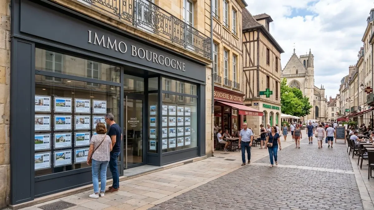 Des passants consultent les annonces affichées en vitrine d&rsquo;une agence immobilière à Dijon