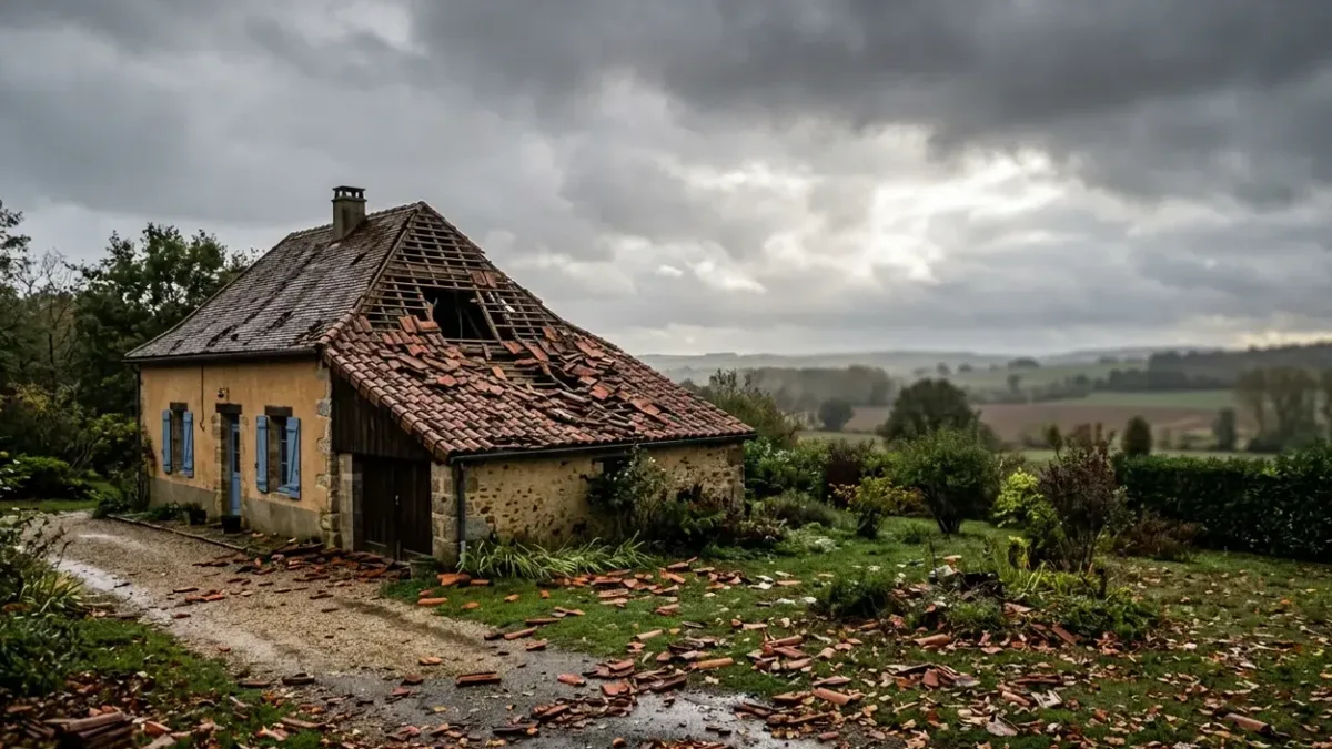 Une maison dont la toiture de tuiles a été arrachée par le vent
