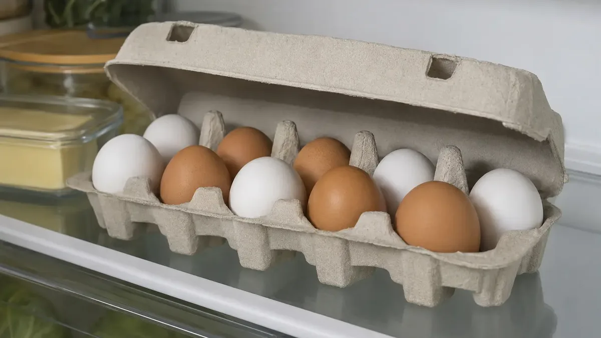 Une boîte d&rsquo;œufs ouverte sur une étagère du réfrigérateur, des œufs blancs et roux