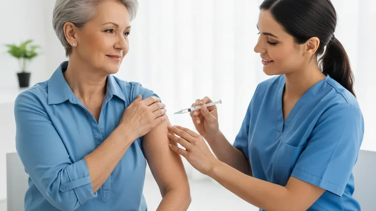 Une infirmière vaccine une senior contre la grippe dans un cabinet médical