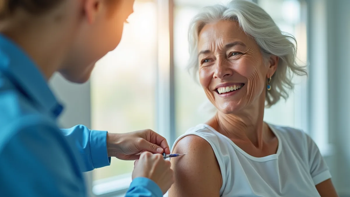 Une senior reçoit son vaccin contre la grippe, le bras dénudé