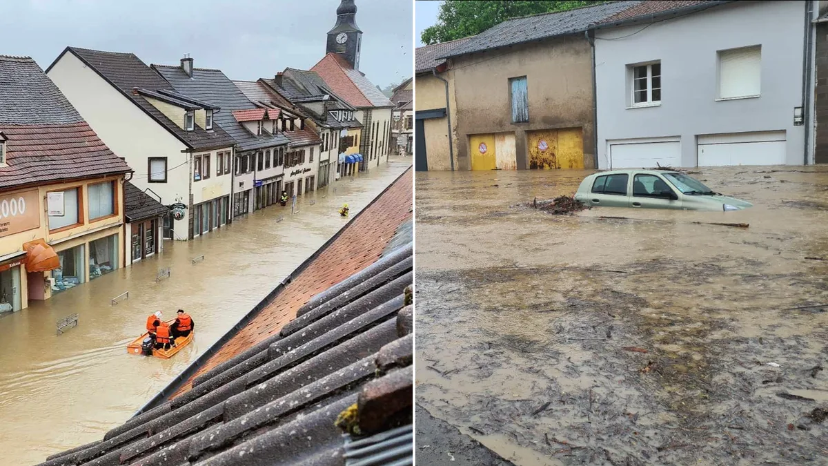 Village inondé avec une voiture submergée et des secours en canot
