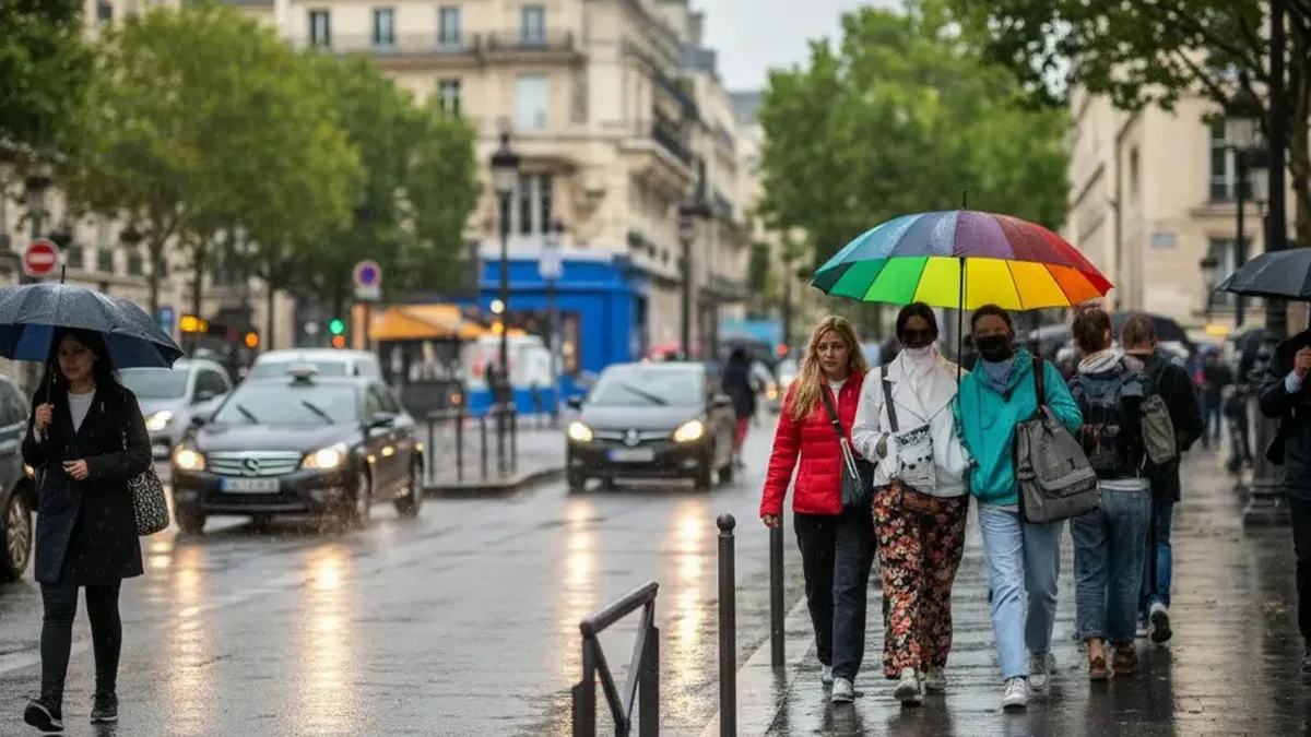 Passants sous la pluie dans une rue de ville, parapluies ouverts