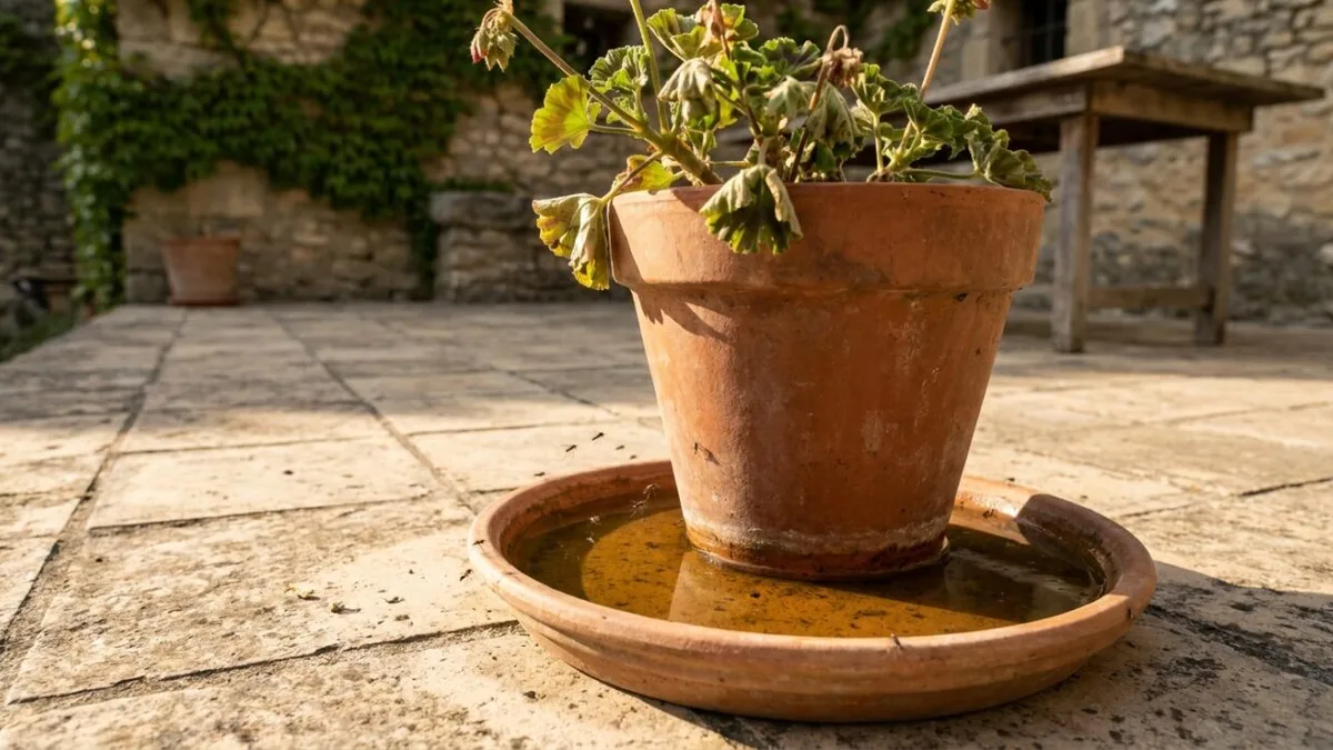 Une coupelle de pot de fleurs avec de l&rsquo;eau stagnante, lieu de ponte des moustiques
